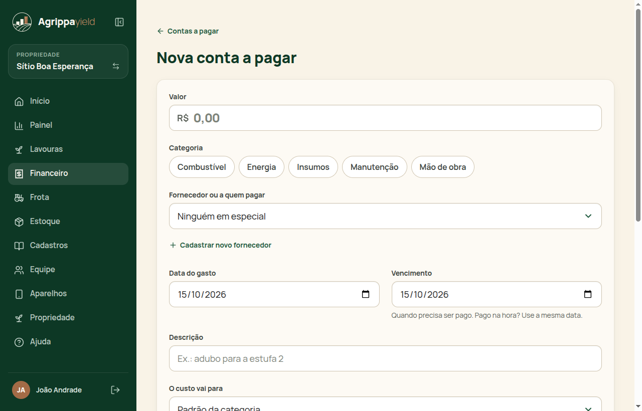 Formulário de nova conta a pagar